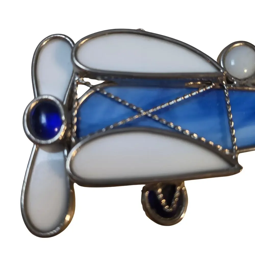 Vintage Stained Glass Biplane Suncatcher Blue White Airplane Window Ornament